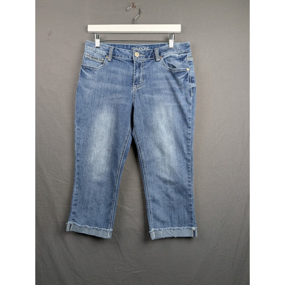 Maurices Womens Blue Medium Wash Denim Capri Jeans Raw Hem Size 9/10